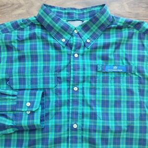 Southern Tide Shirt Men's Large Blue Plaid Performance Fishing Fish Stretch Flex
